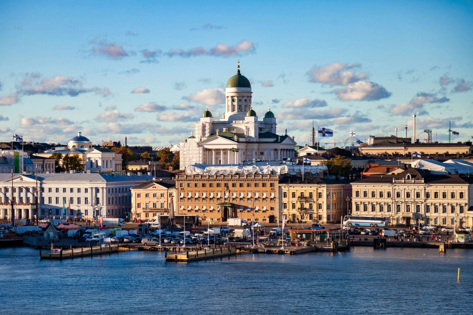Aerial scenery panorama view city embankment of Helsinki, capital of Finland Aerial scenery panorama view city embankment of Helsinki, capital of Finland with blue evening sky. Background of amazing urban scenic view of Scandinavian finnish architecture. Copy text space
