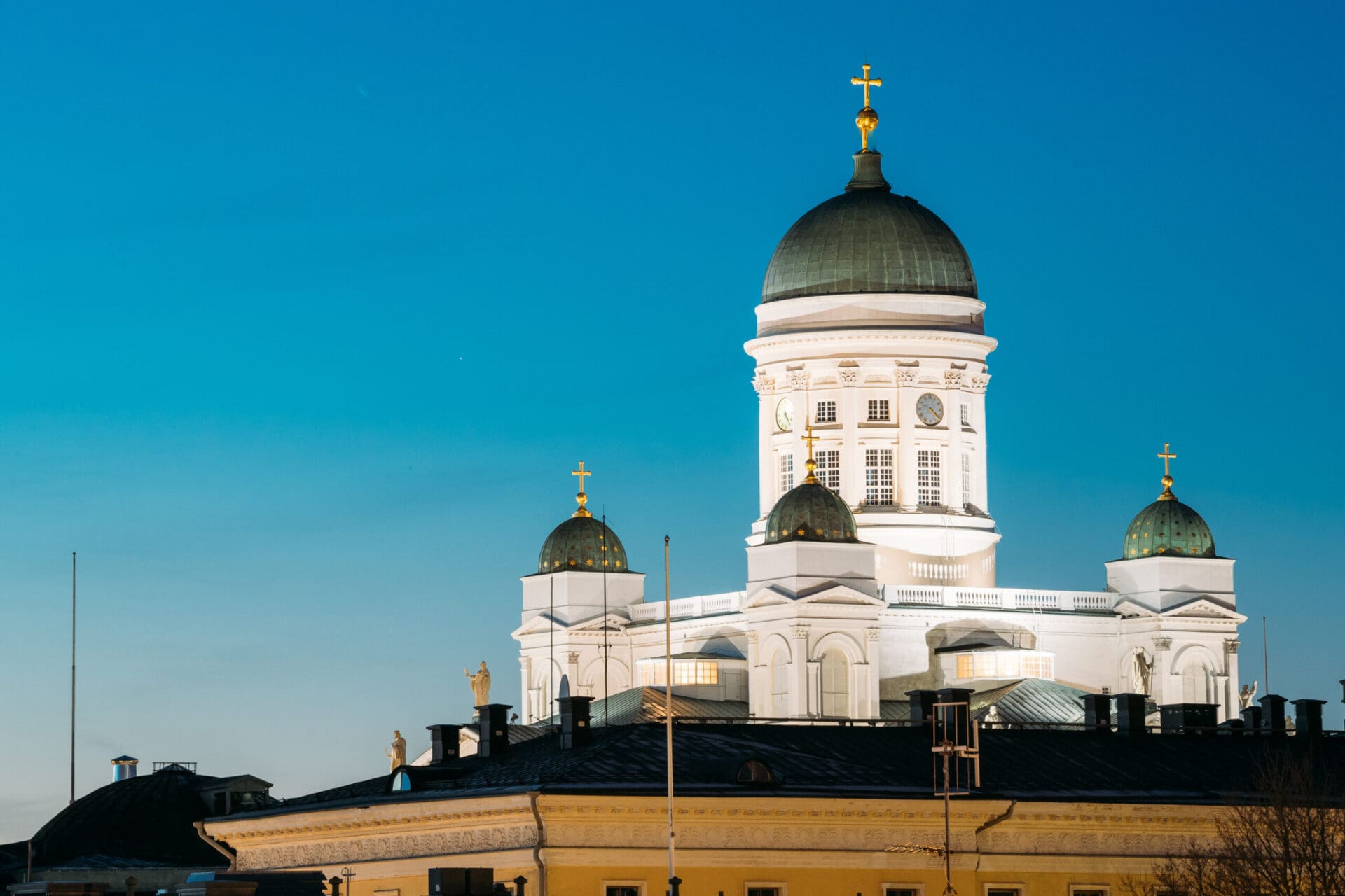 Helsinki, Finland. Famous Landmark Is Lutheran Cathedral In Night Evening Lighting.